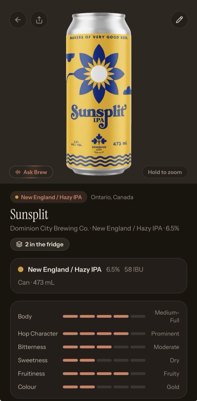 A beer's detail page with rating and tasting notes, dark theme