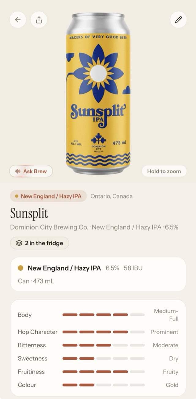 A beer's detail page with rating and tasting notes, light theme