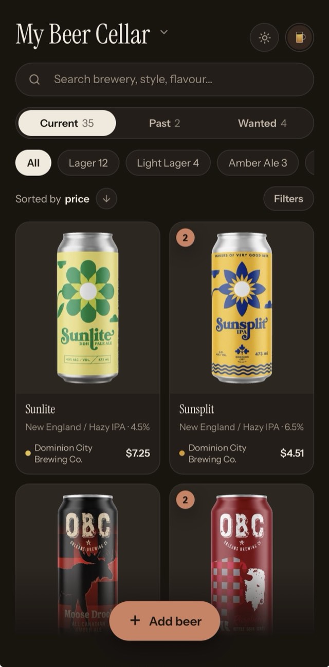 A beer cellar in Cellar, dark theme
