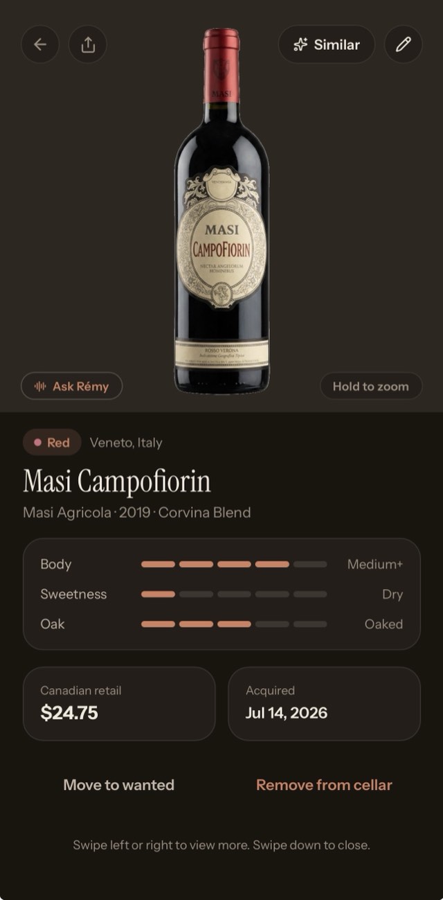 A wine's detail page with rating and tasting notes, dark theme