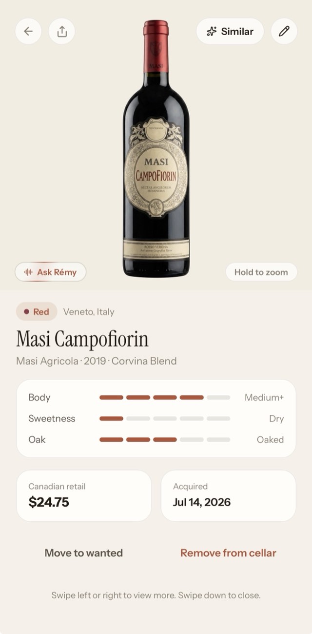 A wine's detail page with rating and tasting notes, light theme